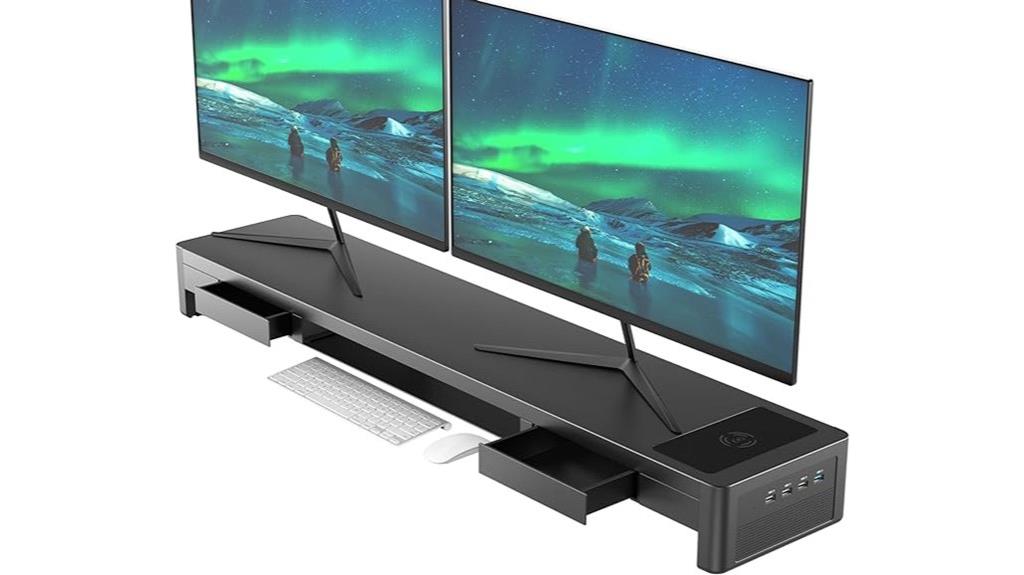 dual monitor riser with drawers