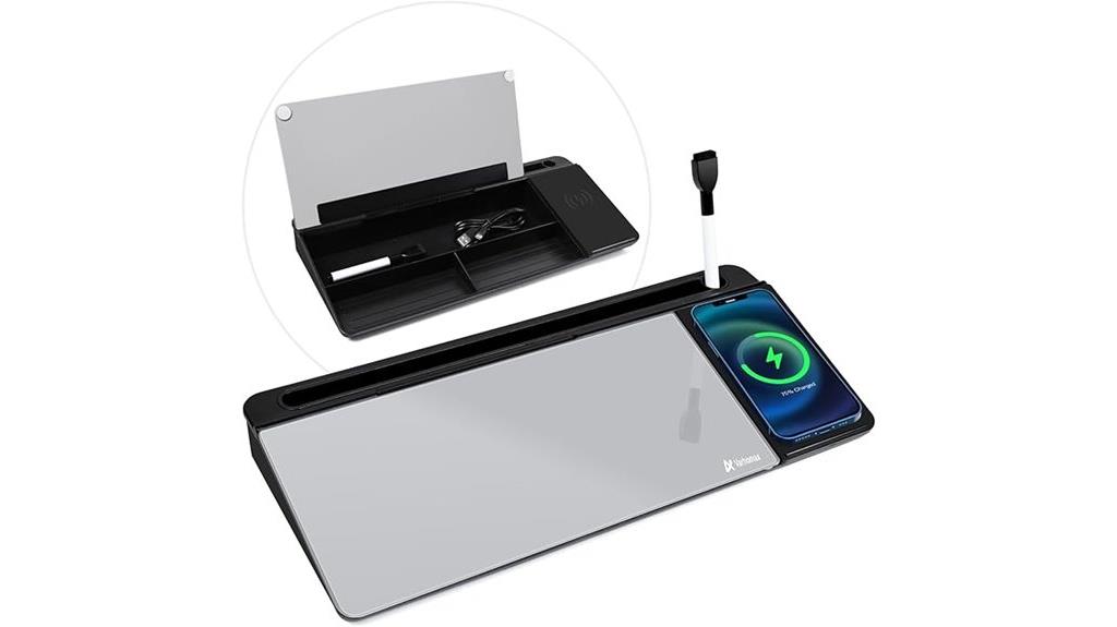 glass desk with charger